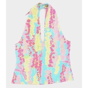 Lilly Pulitzer Women Size 10 Silk Halter Top Shirt Snappy‎ Dragon Y2K Resortwear